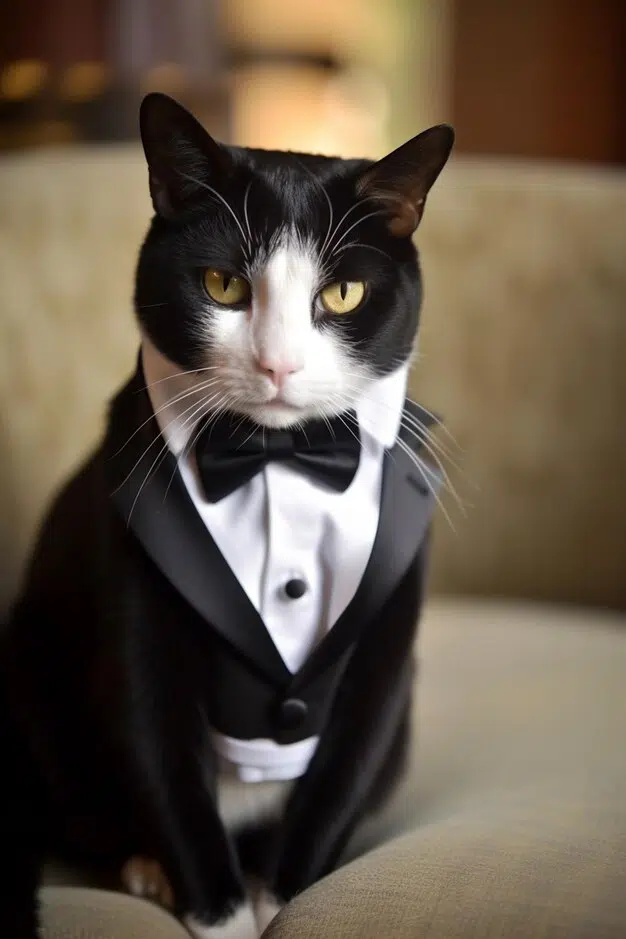 An image showcasing the classic black and white elegance of a tuxedo cat, representing the charm and mystery explored in the article.