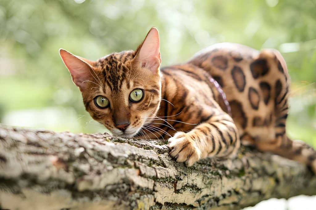 Cashmere Bengal cat with a luxurious coat playing with toys.