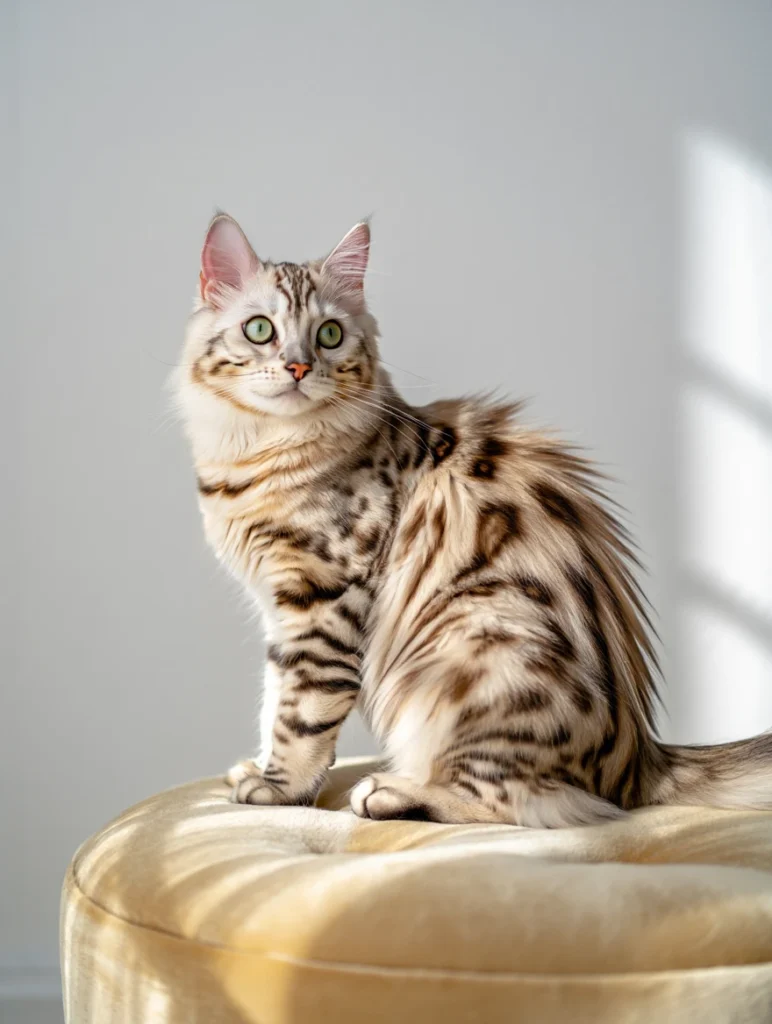 Elegant Cashmere Bengal Portrait A beautiful Cashmere Bengal showcasing their signature fluffy coat and Bengal patterns