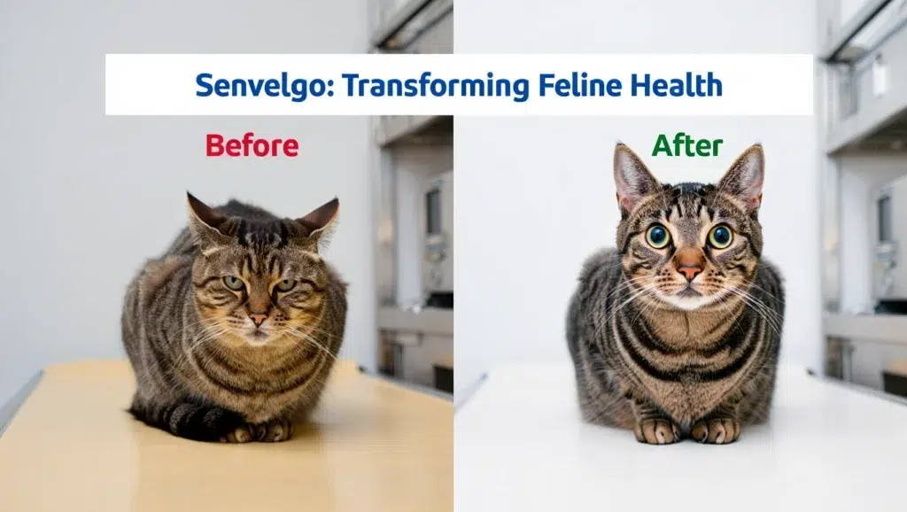 Before & After Comparison Side-by-side comparison showing remarkable improvement in cat health after Senvelgo