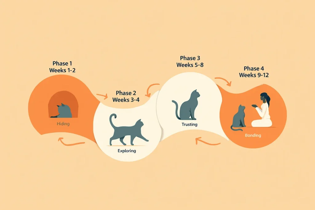 Cat adoption adjustment timeline showing typical behavior changes from week one hiding through month three bonding