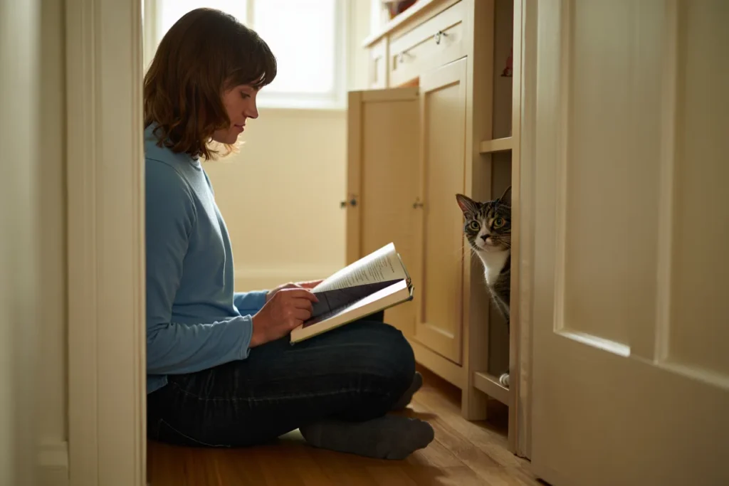 Cat Adoption Patience Shy gray cat peeking from behind furniture while owner sits nearby during adoption adjustment period