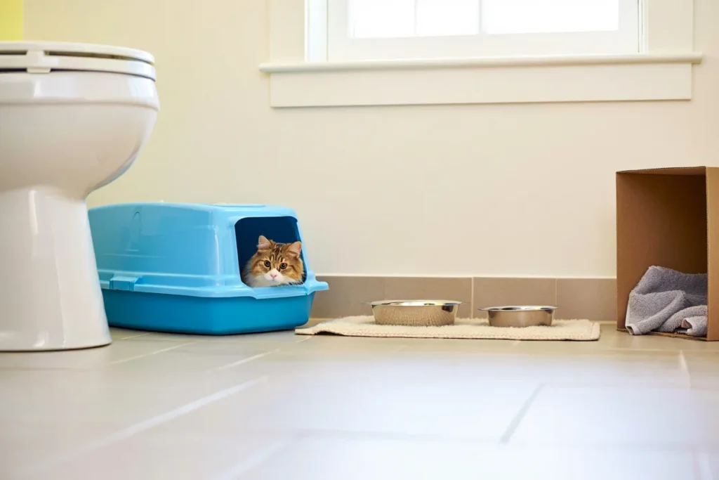 Cat safe room setup with open litter box, food bowls, and cardboard hiding box for newly adopted cat
