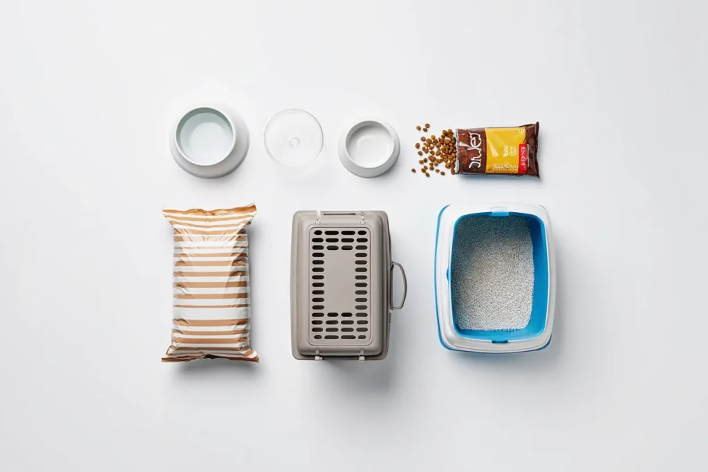 Essential cat adoption supplies including open litter box, food bowls, and cat carrier recommended for first-time owners