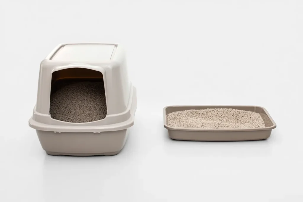 Covered versus open litter box comparison showing why many adopted cats prefer uncovered options